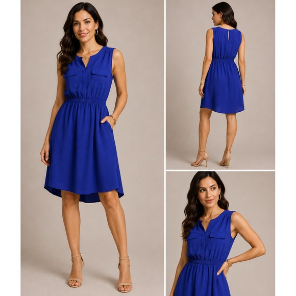 Monteau Dresses & Skirts - Monteau Fit and Flare Dress Womens Large Blue Excellent Sleeveless Crepe Pockets